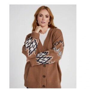 Vintage Inspired VIGOSS Brown Cardigan With Aztec  Pattern Button Closure